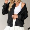 Women's Black Solid Textured Stand Neck Zipper Bomber Jacket - Image 7