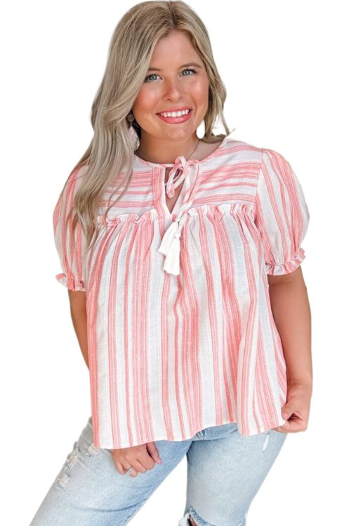 Chic Pink Stripe Plus Size Blouse with Puff Sleeves and Tassel Tie Detail