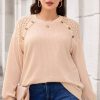 Women's Plus Size Beige Lace Patchwork Buttons Waffle Knit Top - Image 2