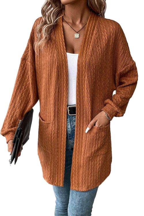 Women's Chestnut Textured Knit Side Pocket Open Front Cardigan