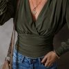 Women's Moss Green Ruched Wrap V Neck Long Sleeve Bodysuit - Image 4