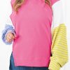 Plus Size Rose Red Colorblock Patchwork Striped Puff Sleeve Top with Slits - Image 2