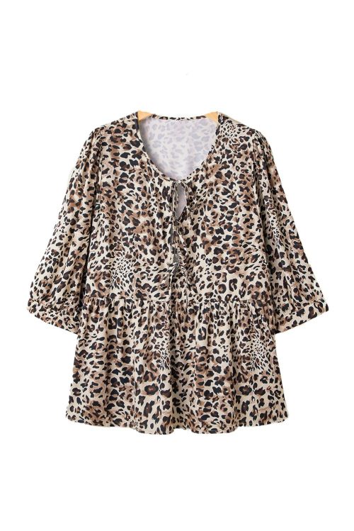 Plus Size Khaki Leopard Print Lace-up Ruffled 3/4 Sleeve Blouse - Feminine and Elegant