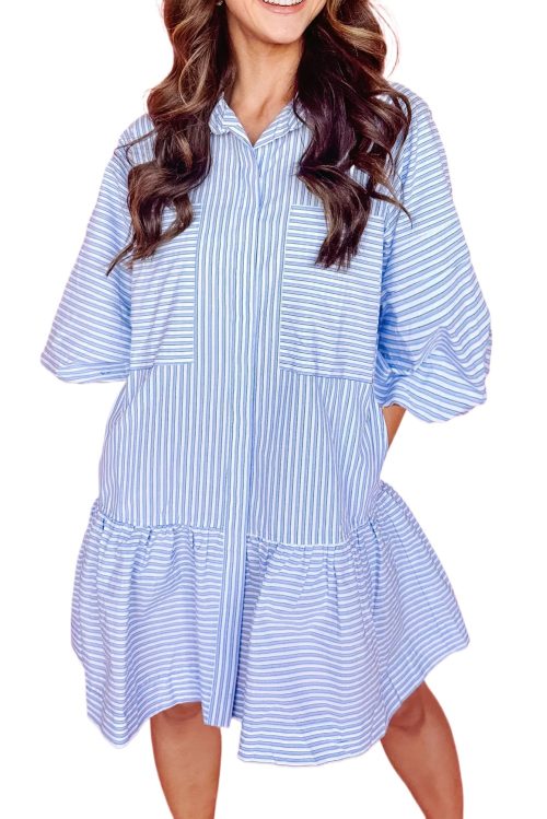 Women's Sky Blue Stripe Bubble Sleeve Chest Pockets Buttoned Shirt Dress