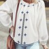 Women's White Geometric Embroidered Long Sleeve Buttoned Blouse - Chic Bohemian Style - Image 2