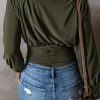 Women's Moss Green Ruched Wrap V Neck Long Sleeve Bodysuit - Image 6