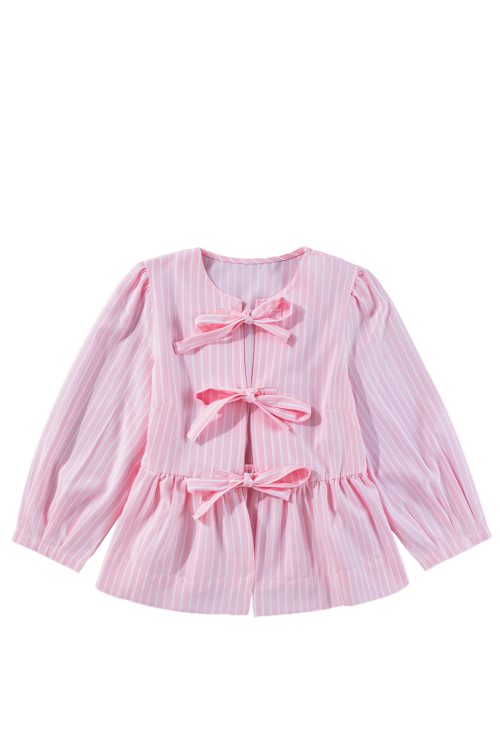 Women's Pink Stripe Bowknot Front Crew Neck Puff Sleeve Blouse