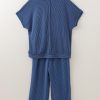 Plus Size Sail Blue Ribbed V Neck Tee and High Waist Pants Set for Women - Image 8