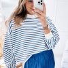 Women's Blue Stripe Crew Neck Loose Fit Sweatshirt - Image 6