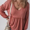 Women's Mineral Red Textured Frilled Trim V Neck Puff Sleeve Blouse - Chic and Casual - Image 7