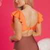 Elegant Orange Ruffle Sleeve Tricolor Cutout Front Ring One Piece Swimsuit - Image 2