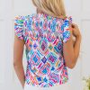 Women's Light Blue Geometric Printed Flutter Sleeve Mock Neck Shirred Blouse - Image 2