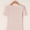 Women's Pink Checkered Ribbed Slim Fit Crew Neck T-Shirt for Casual Wear - Image 4