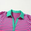 Women's Pink Stripe Collared V Neck Puff Sleeve T-Shirt Mini Dress - Image 10