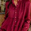 Women's Burgundy Corduroy Ruffle Tiered Button O Neck Shirt - Image 2