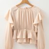 Women's Oatmeal Lace-up Keyhole Back Ruffled Peplum Blouse – Elegant Long Sleeve Top - Image 10