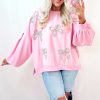 Women's Light Pink Oversized Pullover Sweatshirt with Embroidered Bow and Lantern Sleeves - Image 7