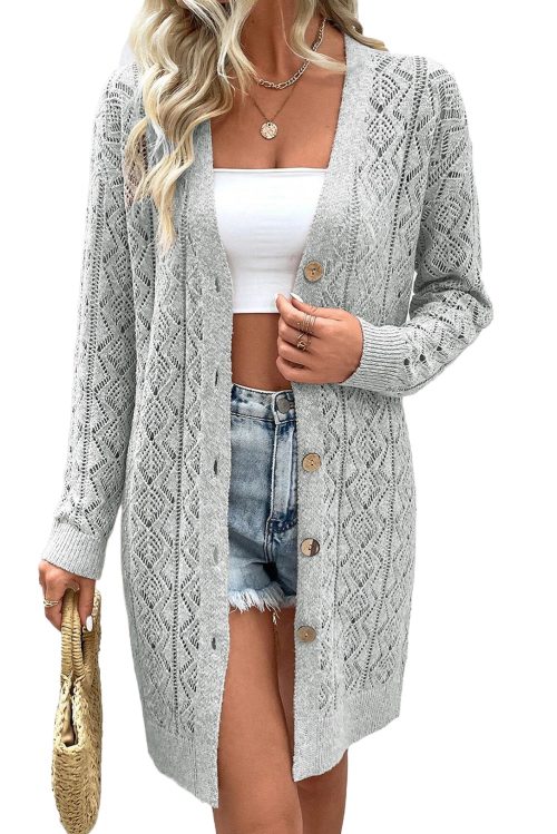 Women's Gray Long Sleeve Cardigan with Hollow Out Buttons Front