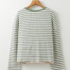 Women's Green Stripe Textured Frilly Trim Henley Long Sleeve Top - Image 5