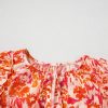 Women's Orange Floral Print Ruffled Short Puff Sleeve Split Neck Blouse - Image 12