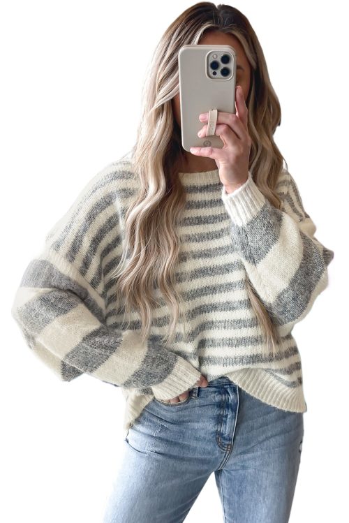 Women's Gray Stripe Drop Shoulder Crew Neck Sweater