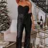 Women's Black Sequined Tube Top Wide Leg Jumpsuit with Waist Knot - Image 5