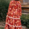 Orange Floral Print Lace Trim V Neck Maxi Dress for Women - Image 6