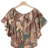 Women's Apricot Paisley Printed Off Shoulder Blouse with Ruffled Draped Sleeves - Image 24