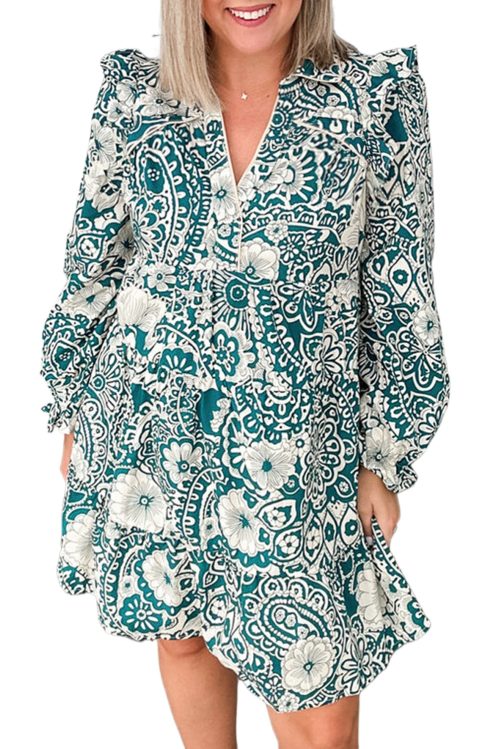 Plus Size Women's Green Floral Flounce Sleeve Split Neck Mini Dress