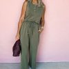 Women's Vineyard Green Buttoned Drawstring Waist Sleeveless Wide Leg Jumpsuit - Image 12