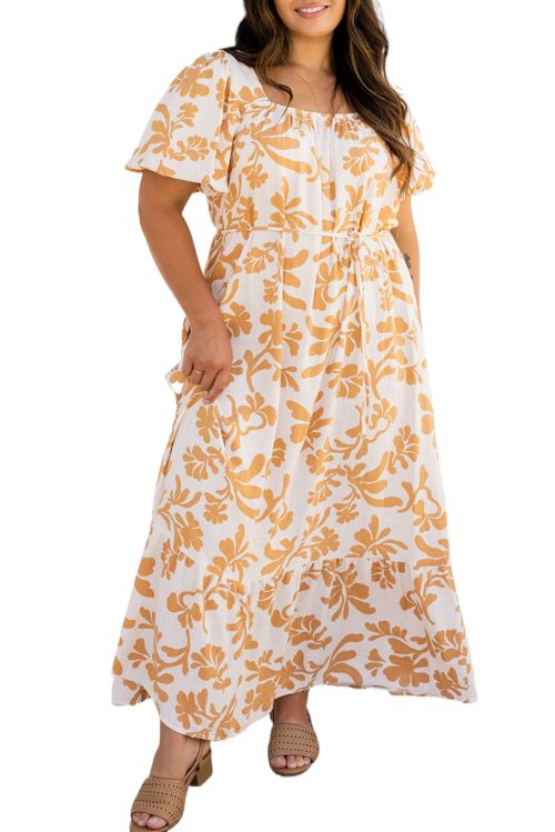 Plus Size Apricot Floral Print Puff Short Sleeve Maxi Dress for Women