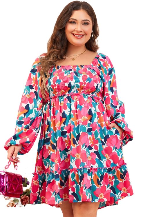 Women's Plus Size Rose Floral Smocked Square Neck Mini Dress