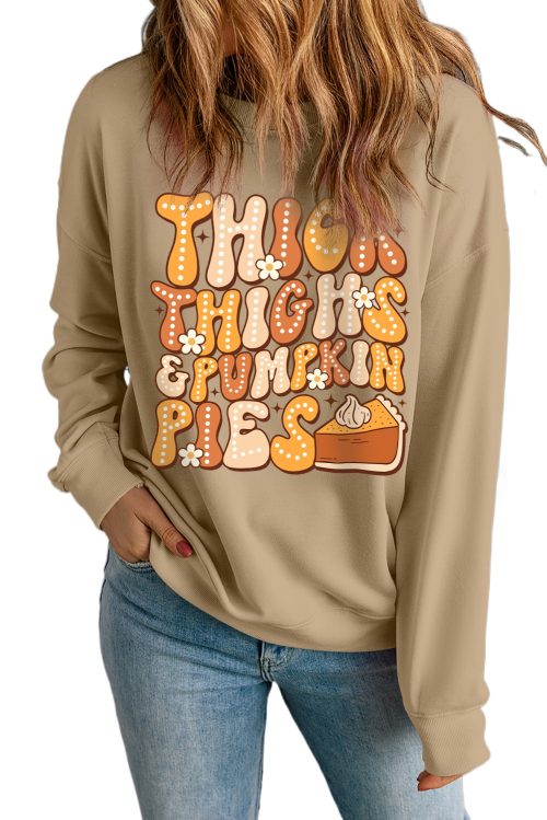 Women's Khaki Pumpkin Pies Graphic Sweatshirt - Fun Drop Shoulder Design for Fall