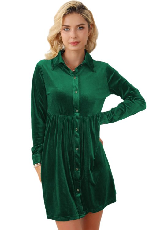 Elegant Green Long Sleeve Ruffle Velvet Button Up Mini Dress