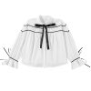 Women's Elegant White Shirt with Black Pipping, Ribbon Bowtie, and Ruffled Puff Sleeves - Image 14