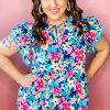 Plus Size Women's Blue Floral Flutter Sleeve Blouse with Tied Notched Neck - Image 6
