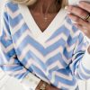 Women's Sky Blue Zigzag Striped Print V Neck Oversized Long Sleeve Top - Image 2