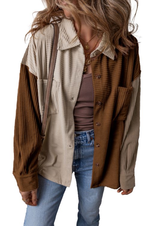 Women's Brown Color Block Chest Pockets Buttoned Corduroy Shacket