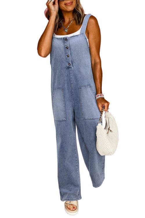 Women's Stone Blue Washed Denim Half Button Wide Leg Overalls with Pockets