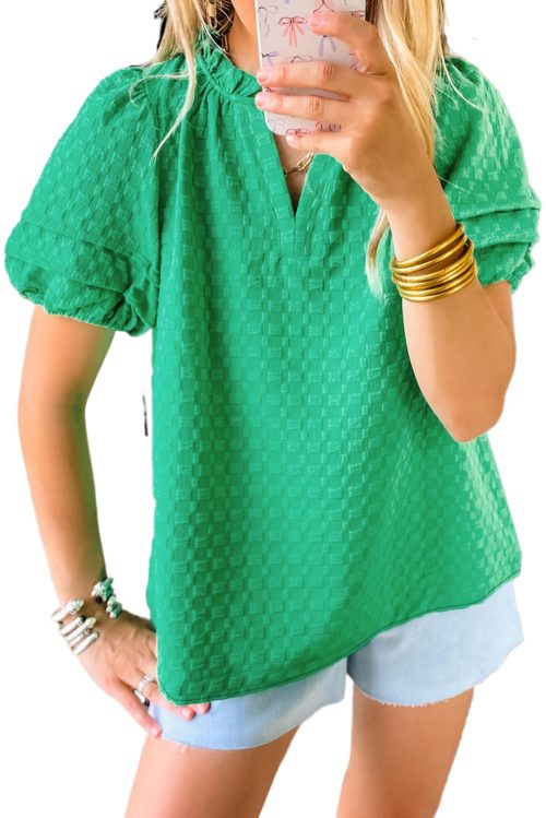 Women's Bright Green Textured Puff Short Sleeve Notched V Neck Top