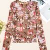 Women's Red Floral Print Sheer Mesh Long Sleeve Top - Elegant and Stylish - Image 8