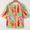 Women's Multicolour Abstract Print Pleated Half Sleeve Blouse with Keyhole Back - Image 14