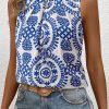 Women's Blue Vintage Print Pintuck Crew Neck Tank Top - Bohemian Style - Image 3