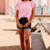 Women's Elegant Pink Textured Ruffle Short Sleeve Pullover Top - Image 6