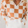 Women's Gold Flame Checkered Split Neck Contrast Kangaroo Pocket Hooded Sweater - Image 2