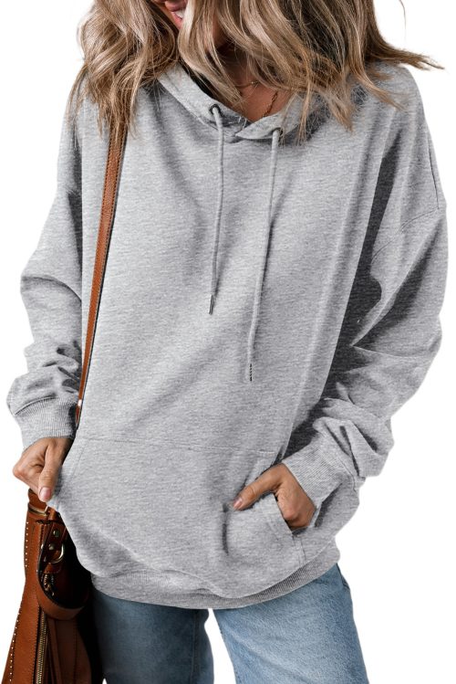 Women's Light Grey Fleece Lined Kangaroo Pocket Drawstring Hoodie