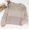 Women's Brown Eyelet Pattern V Neck Drop Shoulder Sweater - Casual Chic for Fall - Image 19