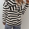 Women's White Stripe V Neck Pocketed Drawstring Hooded Sweater - Cozy Casual Style - Image 2