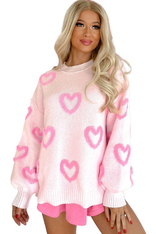 Women's Pink Heart Shape Bubble Sleeve Baggy Sweater - Cozy Casual Fashion