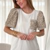 Women's Elegant White Leopard Patchwork Puff Sleeve T-Shirt with Crochet Lace Trim - Image 12